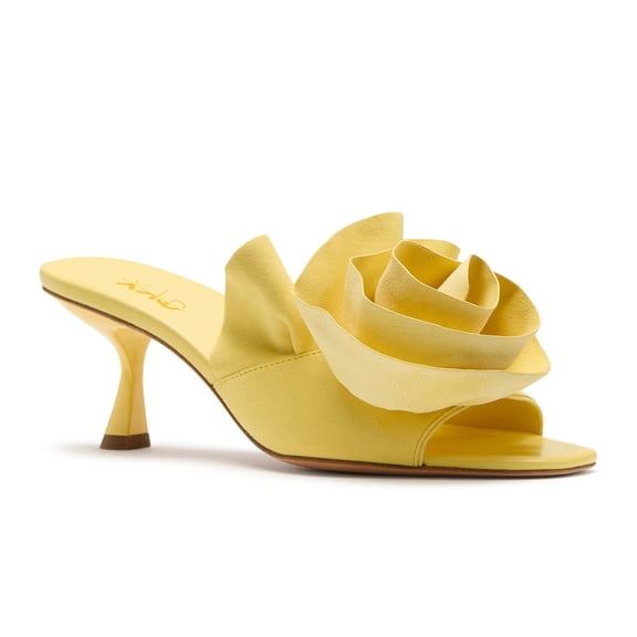 XYD Women Open Toe Applique Mid Spool Heels Slip on Ruffled Flower Mules Elegant Prom Party Slide Sandals Size 12 Yellow