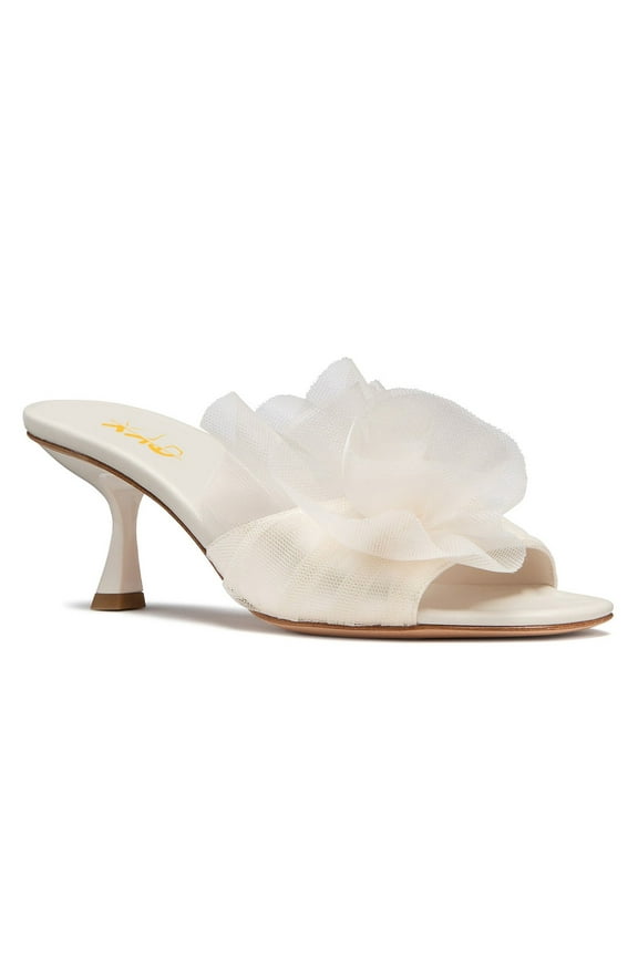 Women Open Toe Applique Mid Spool Heels Slip on Ruffled Flower Mules Elegant Prom Party Slide Sandals Size 16 White