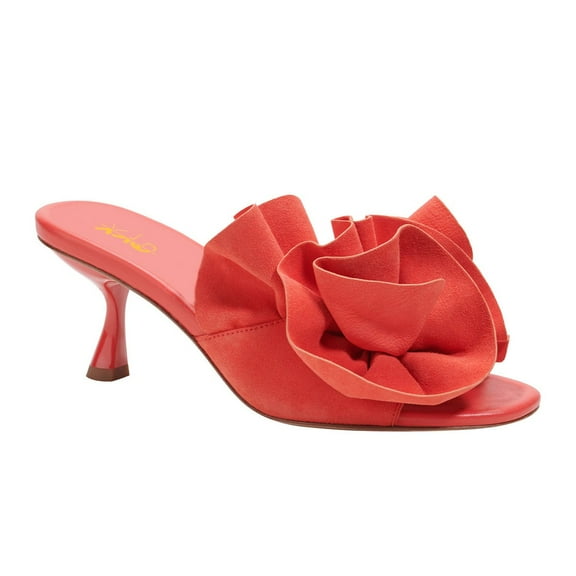 XYD Women Open Toe Applique Mid Spool Heels Slip on Ruffled Flower Mules Elegant Prom Party Slide Sandals Size 7.5 Red