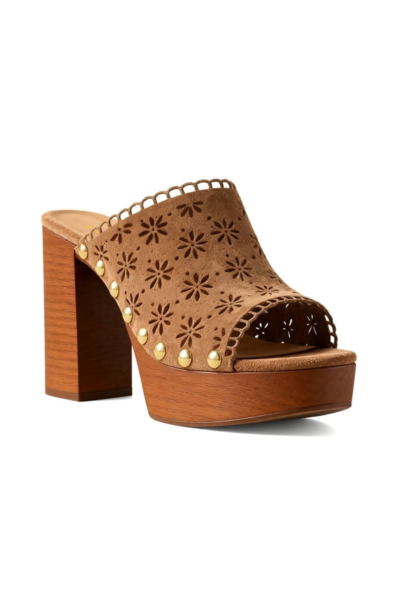 Women Open Toe Clog Mules Stylish Floral Cut-outs Block Heel Platform Studded Sandals Club Party Shoes Size 5 Brown