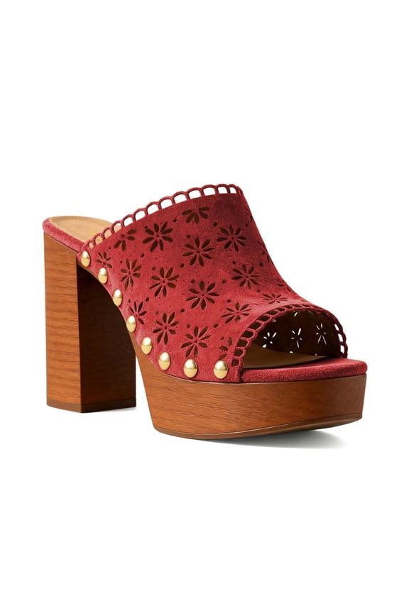 Women Open Toe Clog Mules Stylish Floral Cut-outs Block Heel Platform Studded Sandals Club Party Shoes Size 7 Red