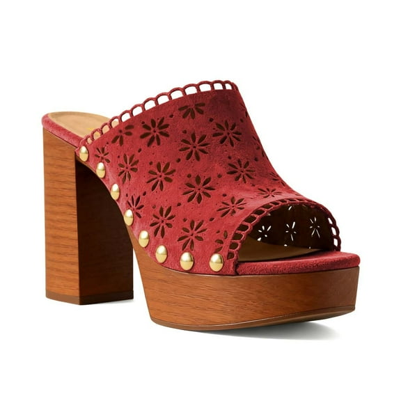 XYD Women Open Toe Clog Mules Stylish Floral Cut-outs Block Heel Platform Studded Sandals Club Party Shoes Size 7 Red