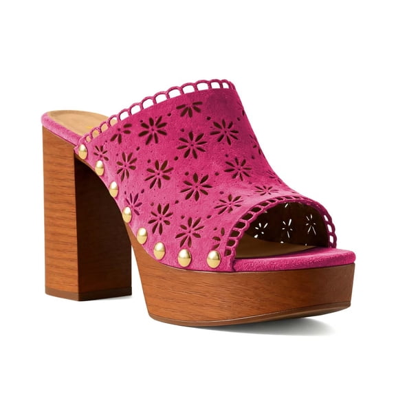 XYD Women Open Toe Clog Mules Stylish Floral Cut-outs Block Heel Platform Studded Sandals Club Party Shoes Size 9 Purple