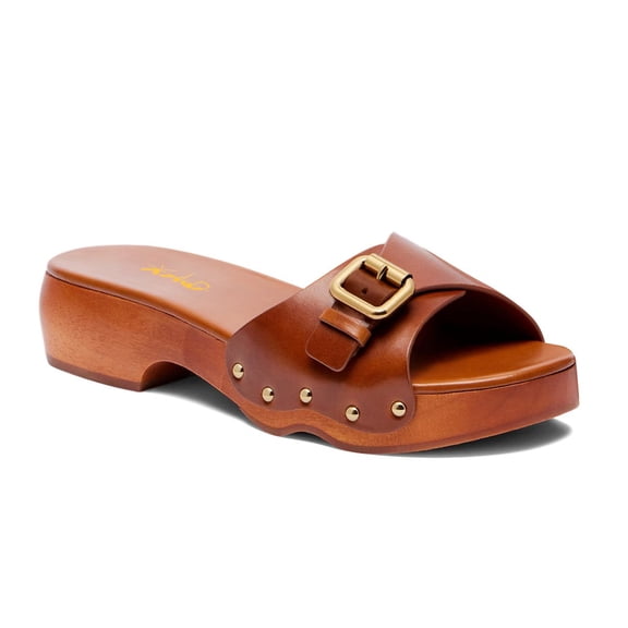 XYD Women Open Toe Clog Platform Mules Low Heel Slide Sandals Gold Studs Buckle Slip-ons Summer Casual Shoes Size 11 Brown