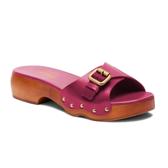 XYD Women Open Toe Clog Platform Mules Low Heel Slide Sandals Gold Studs Buckle Slip-ons Summer Casual Shoes Size 13.5 Purple