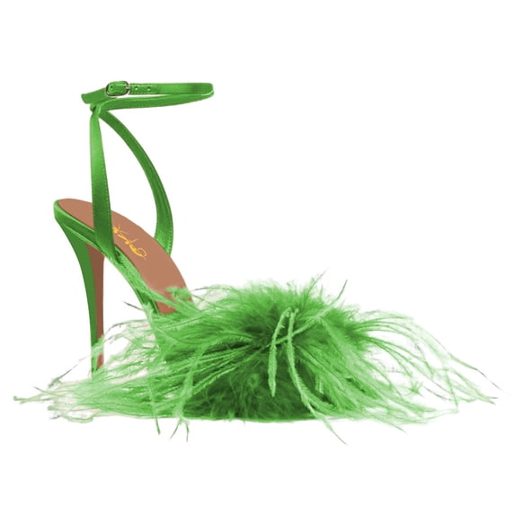 XYD Women Open Toe Feather Sandals Adjustable Strap Buckles High Stiletto Heels Wedding Party Summer Shoes Size 15 Green