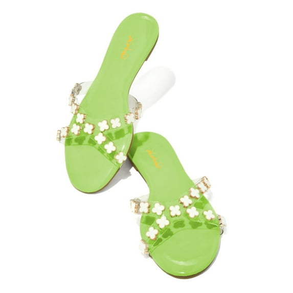 XYD Women Open Toe Pearls Petal Slide Sandals Transparent Cross Strap Slip on Flats Summer Beach Backless Shoes Size 4 Lime