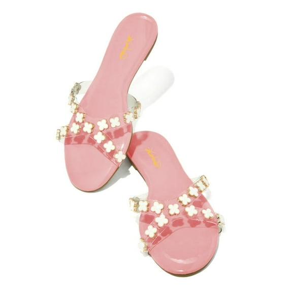 XYD Women Open Toe Pearls Petal Slide Sandals Transparent Cross Strap Slip on Flats Summer Beach Backless Shoes Size 6 Pink