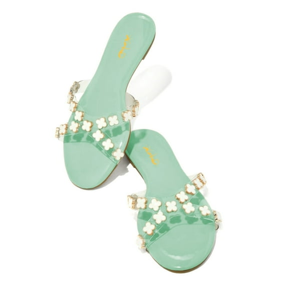 XYD Women Open Toe Pearls Petal Slide Sandals Transparent Cross Strap Slip on Flats Summer Beach Backless Shoes Size 7 Aquamarine