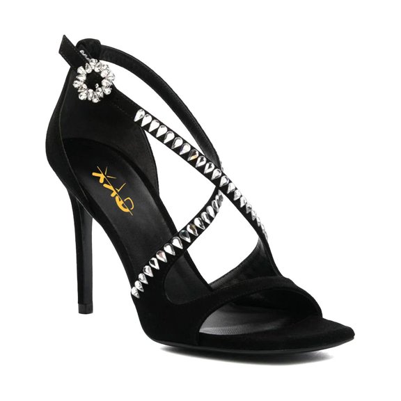 XYD Women Open Toe Teardrop Rhinestone Studded Sandals Cross Strap Stiletto High Heels Sexy Cocktail Party Date Shoes Size 4 Black