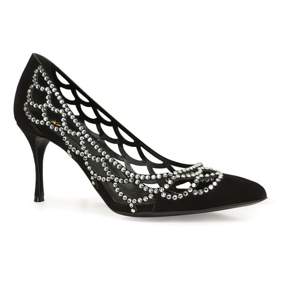 XYD Women Openwork Crystals Studded Pumps Pointed Toe Slip on Sandals Stiletto Mid Heel Dress Shoes Size 7 Black