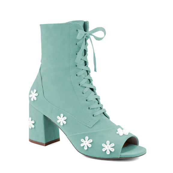 XYD Women Pearl Flower Block Ankle Boots Mid Heels Peep Toe Lace-up Wedding Date Booties Shoes Size 14.5 Aquamarine