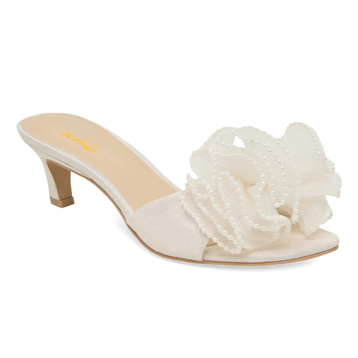 Ivory Fabric Open Toe Mesh Bow Decorated Kitten Heel Pearl Sandals Ivory-11, image size:1200x1200