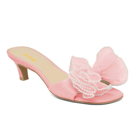XYD Women Pearls Bowknot Open Toe Mules Slip on Kitten Low Heel Shoes Elegant Wedding Party Date Slide Sandals Size 14 Pink