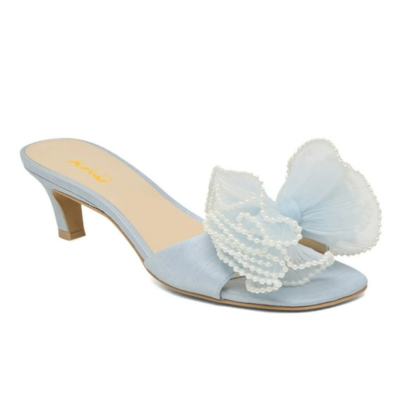 XYD Women Pearls Bowknot Open Toe Mules Slip on Kitten Low Heel Shoes Elegant Wedding Party Date Slide Sandals Size 15.5 Blue