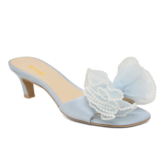 XYD Women Pearls Bowknot Open Toe Mules Slip on Kitten Low Heel Shoes Elegant Wedding Party Date Slide Sandals Size 15 Blue
