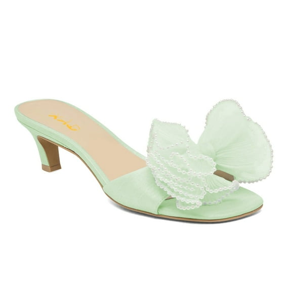 XYD Women Pearls Bowknot Open Toe Mules Slip on Kitten Low Heel Shoes Elegant Wedding Party Date Slide Sandals Size 7 Green