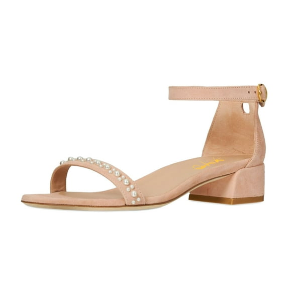 XYD Women Pearls Open Toe Strappy Low Block Heel Sandal Classic Ankle Strap Wedding Dress Shoes Size 15.5 Peachpuff