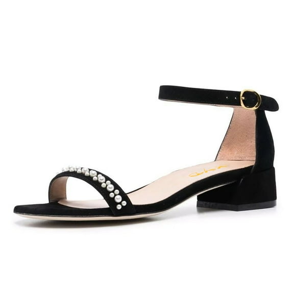 XYD Women Pearls Open Toe Strappy Low Block Heel Sandal Classic Ankle Strap Wedding Dress Shoes Size 5 Black