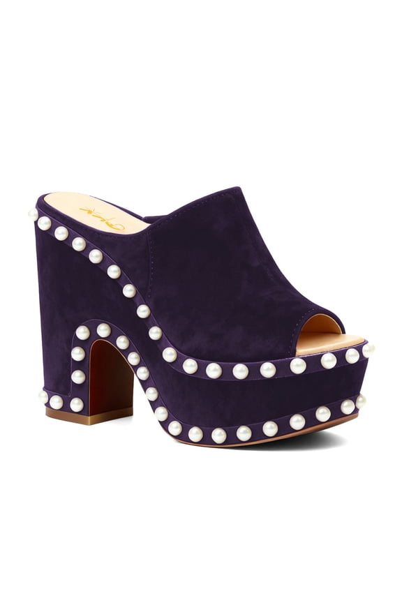 Women Pearls Peep Toe Chunky Block Platform Heel Mule Sandals Slip-on Fashion Party Club Shoes Size 10 Purple