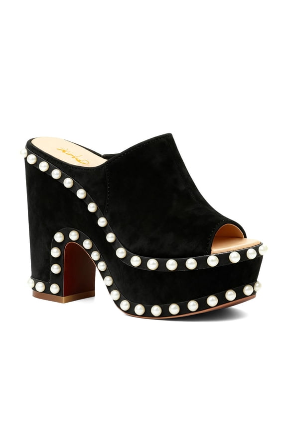 Women Pearls Peep Toe Chunky Block Platform Heel Mule Sandals Slip-on Fashion Party Club Shoes Size 11 Black