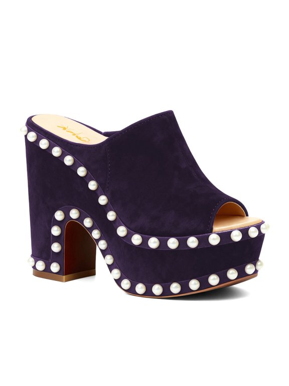 Women Pearls Peep Toe Chunky Block Platform Heel Mule Sandals Slip-on Fashion Party Club Shoes Size 4 Purple