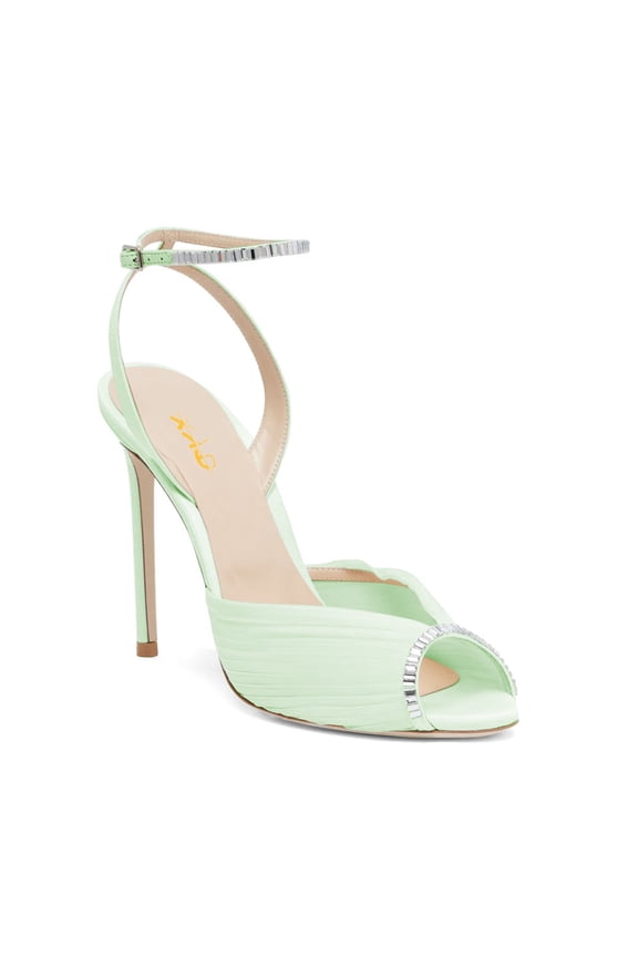 Women Peep Toe Sandals Delicate Pleated Mesh Stiletto Heels Crystal Studs Elegant Evening Event Shoes Size 7.5 Green