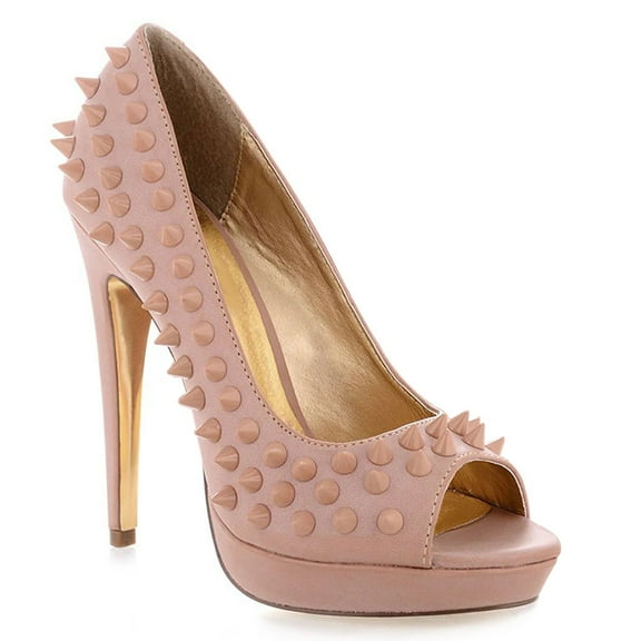 XYD Women Peep Toe Studded Punk Pumps Slip on Stiletto High Heels Sexy Platform Party Dress Shoes Size 10 Pink