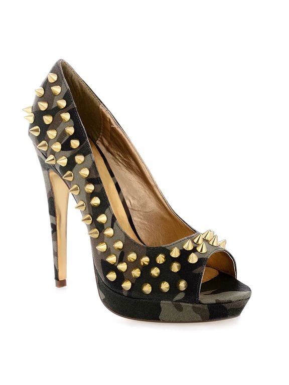 Women Peep Toe Studded Punk Pumps Slip on Stiletto High Heels Sexy Platform Party Dress Shoes Size 16 Camouflage