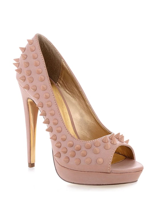 Women Peep Toe Studded Punk Pumps Slip on Stiletto High Heels Sexy Platform Party Dress Shoes Size 4 Pink