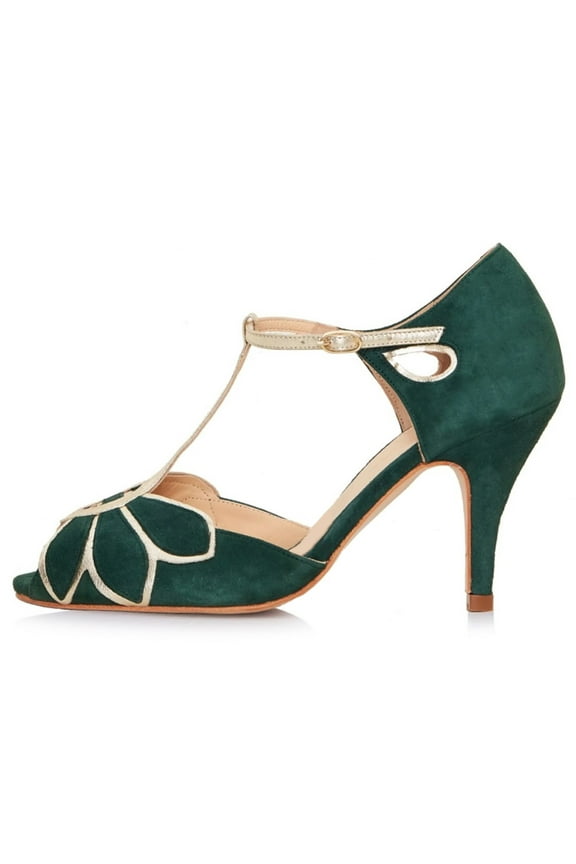 Women Peep Toe T-Strap Butterfly Shaped Sandals Mid Heels Bridal Fancy Ballroom Pumps Shoes Size 7.5 Dark Cyan