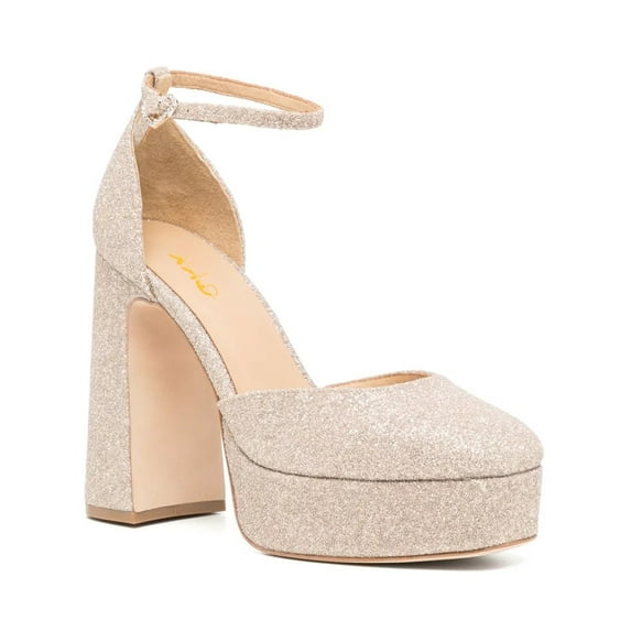 XYD Women Platform Thick Block High Heels Square Toe Ankle Strap D'orsay Pumps Party Date Dress Shoes Size 16 Champagne Glitter