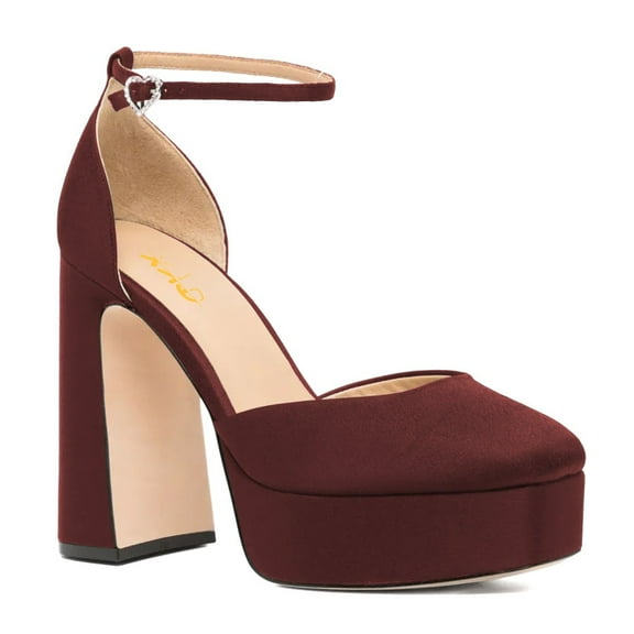 XYD Women Platform Thick Block High Heels Square Toe Ankle Strap D'orsay Pumps Party Date Dress Shoes Size 5.5 Dark Red