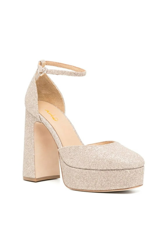 Women Platform Thick Block High Heels Square Toe Ankle Strap D'orsay Pumps Party Date Dress Shoes Size 5 Champagne Glitter