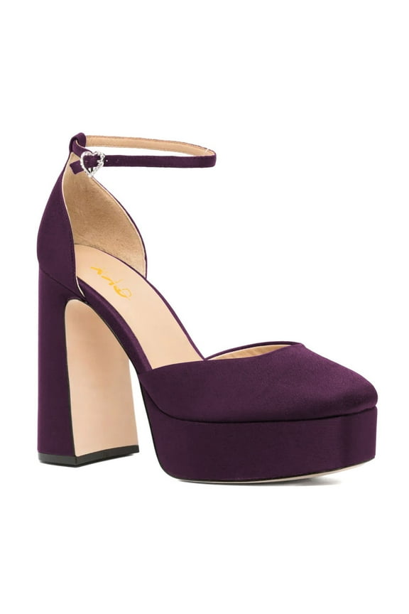 Women Platform Thick Block High Heels Square Toe Ankle Strap D'orsay Pumps Party Date Dress Shoes Size 7 Purple