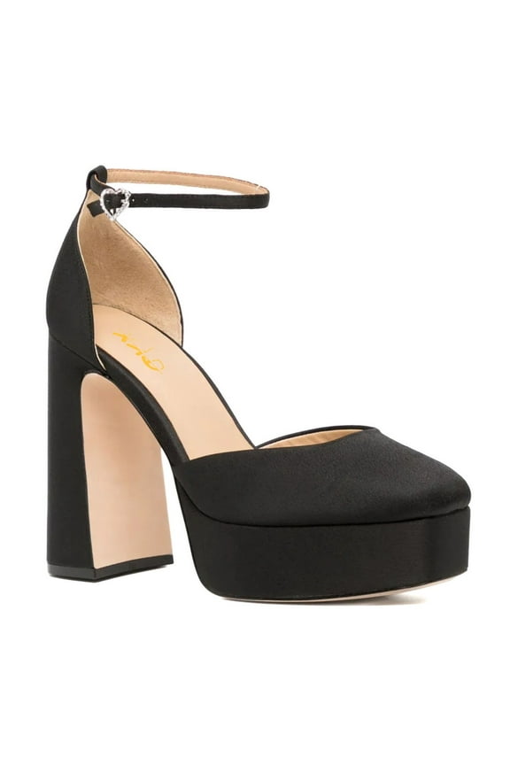 Women Platform Thick Block High Heels Square Toe Ankle Strap D'orsay Pumps Party Date Dress Shoes Size 9 Black