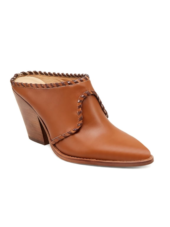 Women Pointed Close Toe Slip-on Clog Mules Braided Trim Chunky Block Heel Slide Casual Dressy Shoes Size 13.5 Tan