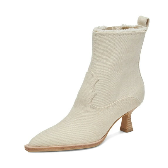 XYD Women Pointed Closed Toe Side Zipper Denim Boots Kitten Low Heels Ankle Booties Dress Casual Party Shoes Size 4.5 White