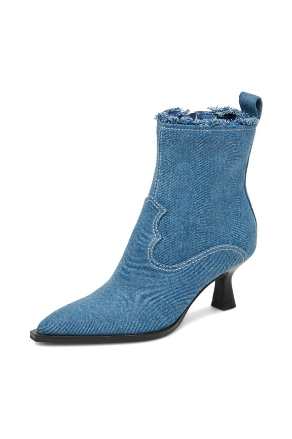 Women Pointed Closed Toe Side Zipper Denim Boots Kitten Low Heels Ankle Booties Dress Casual Party Shoes Size 9.5 Blue