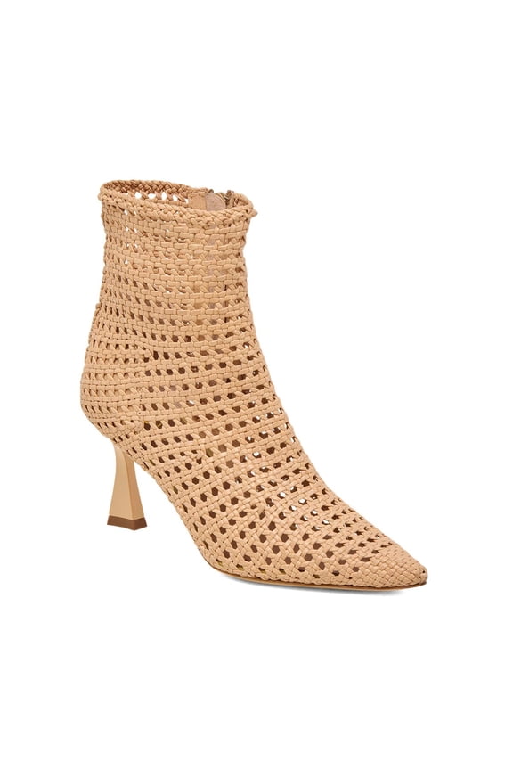 Women Pointed Toe Braided Ankle Boots Woven Mid Heels Zip-up Elegant Booties Shoes Size 11 Beige