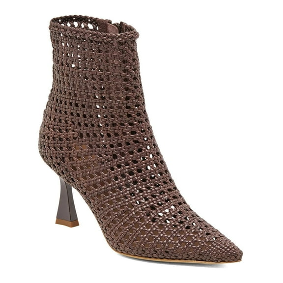 XYD Women Pointed Toe Braided Ankle Boots Woven Mid Heels Zip-up Elegant Booties Shoes Size 8.5 Dark Brown