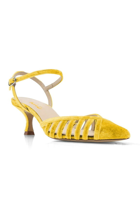 Women Pointed Toe Caged Straps Pumps Ankle Strap Low Kitten Heels Chic Dating Work Sandals Shoes Size 10 Yellow