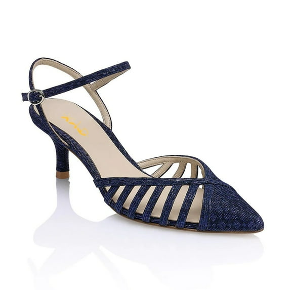 XYD Women Pointed Toe Caged Straps Pumps Ankle Strap Low Kitten Heels Chic Dating Work Sandals Shoes Size 15.5 Navy