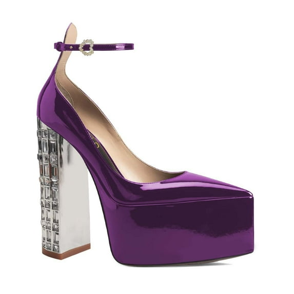 XYD Women Pointed Toe Platform Strappy Pumps Ankle Strap Buckled Crystal Block Heels Sexy Dressy Party Prom Shoes Size 4 Purple
