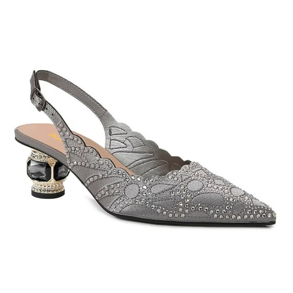 XYD Women Pointed Toe Rhinestone Slingback Pumps Buckled Strap Crystal Low Heels Elegant Party Bridal Sandals Size 11.5 Gray