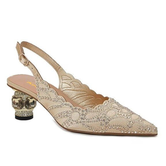 XYD Women Pointed Toe Rhinestone Slingback Pumps Buckled Strap Crystal Low Heels Elegant Party Bridal Sandals Size 4 Gold