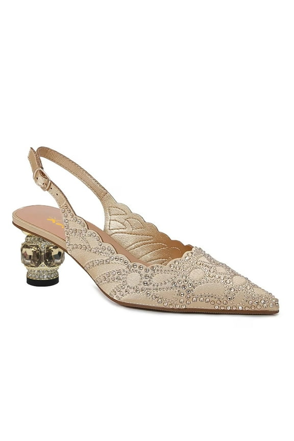 Women Pointed Toe Rhinestone Slingback Pumps Buckled Strap Crystal Low Heels Elegant Party Bridal Sandals Size 8 Gold