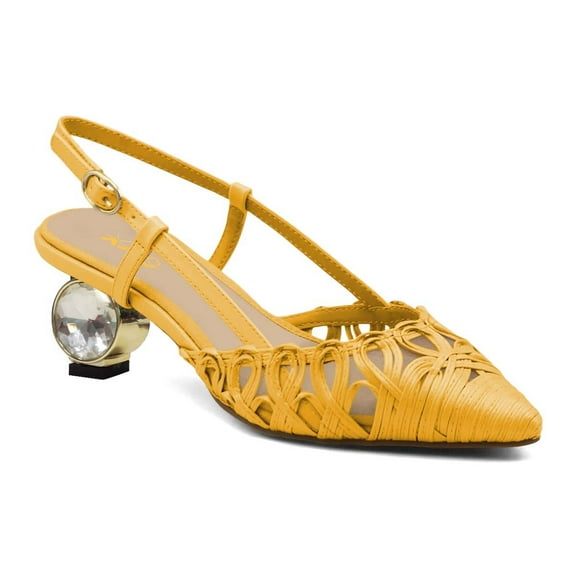 XYD Women Pointed Toe Slingback Pumps Buckled Thin Strap Crystal Low Heels Elegant Dressy Party Woven Shoes Size 10 Orange