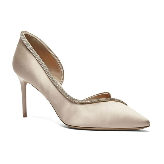 XYD Women Pointed Toe Sparkly Rhinestone D'orsay Pumps Slip on Mid Stiletto Heels Elegant Party Prom Shoes Size 14 Beige