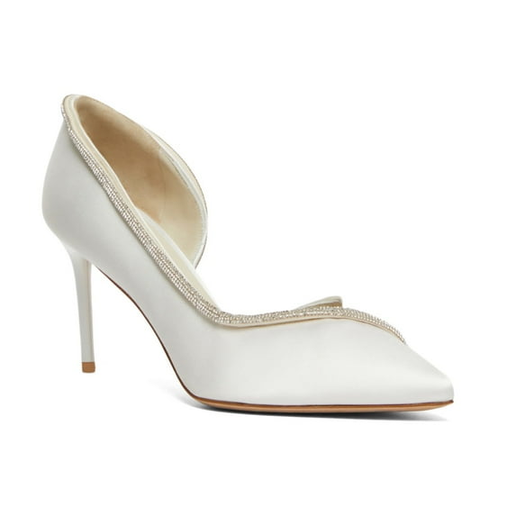 XYD Women Pointed Toe Sparkly Rhinestone D'orsay Pumps Slip on Mid Stiletto Heels Elegant Party Prom Shoes Size 4 White